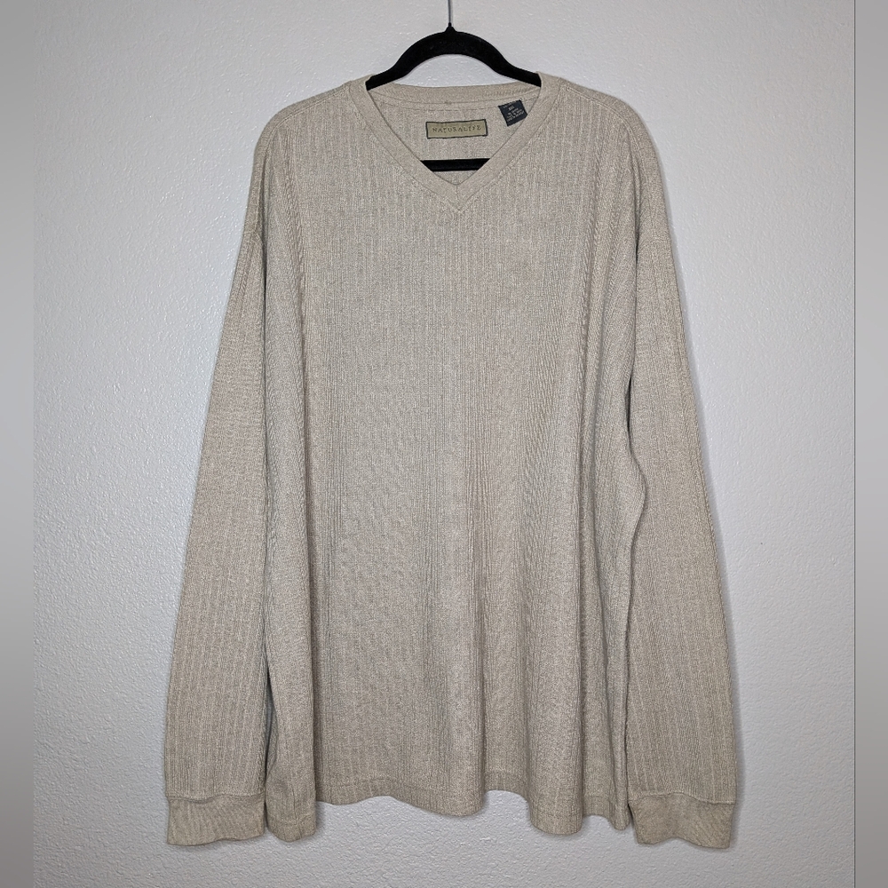 Naturalife Mens Tan Beige Lounge Minimalist Ribbed V Neck Sweater XXL